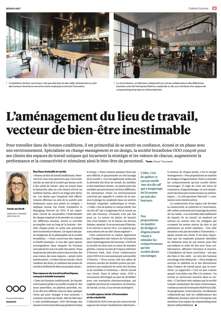 Aménagement du lieu de travail. Source de bien-être. Design centré sur l'humain. OOO.