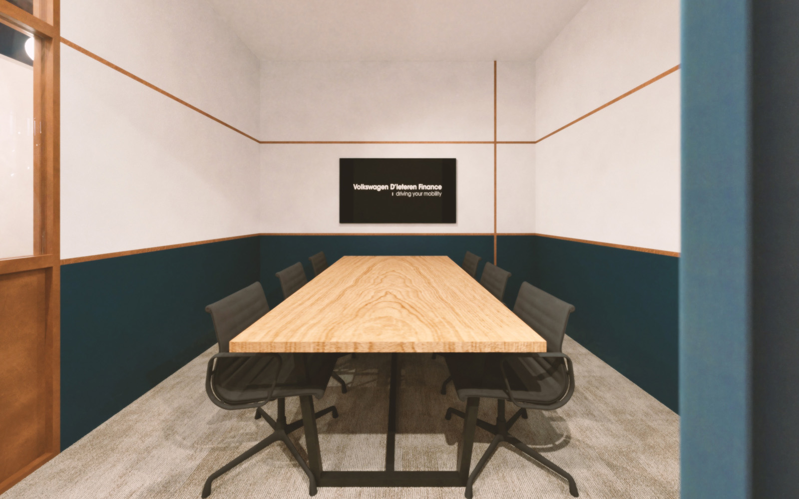 Volkswagen D'Ieteren Finance_Petrol blue and beige minimalist meeting room in the Kortenberg Offices_Out Of Office realisation