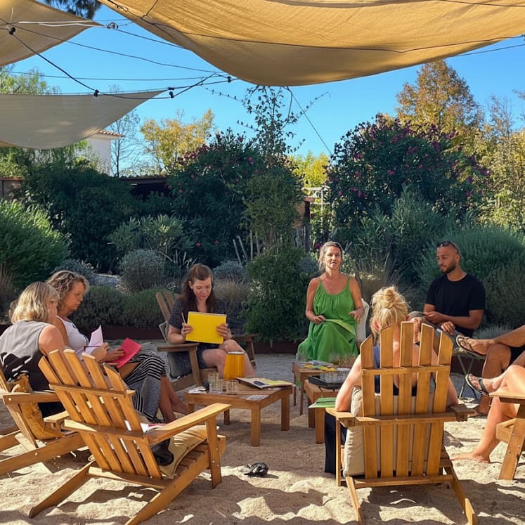 Het team zit in een kring op houten stoelen, met hun voeten in het zand.
